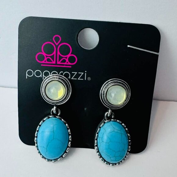Paparazzi Turquoise Stone Drop Earrings – Silver Opal Stud Western Boho Jewelry - Picture 2 of 2
